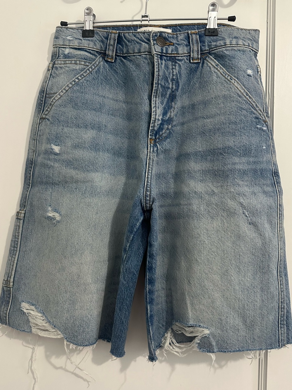 Zara Distressed Baggy Denim Jorts Carpenter Bermuda Shorts Blue Size Small (4)